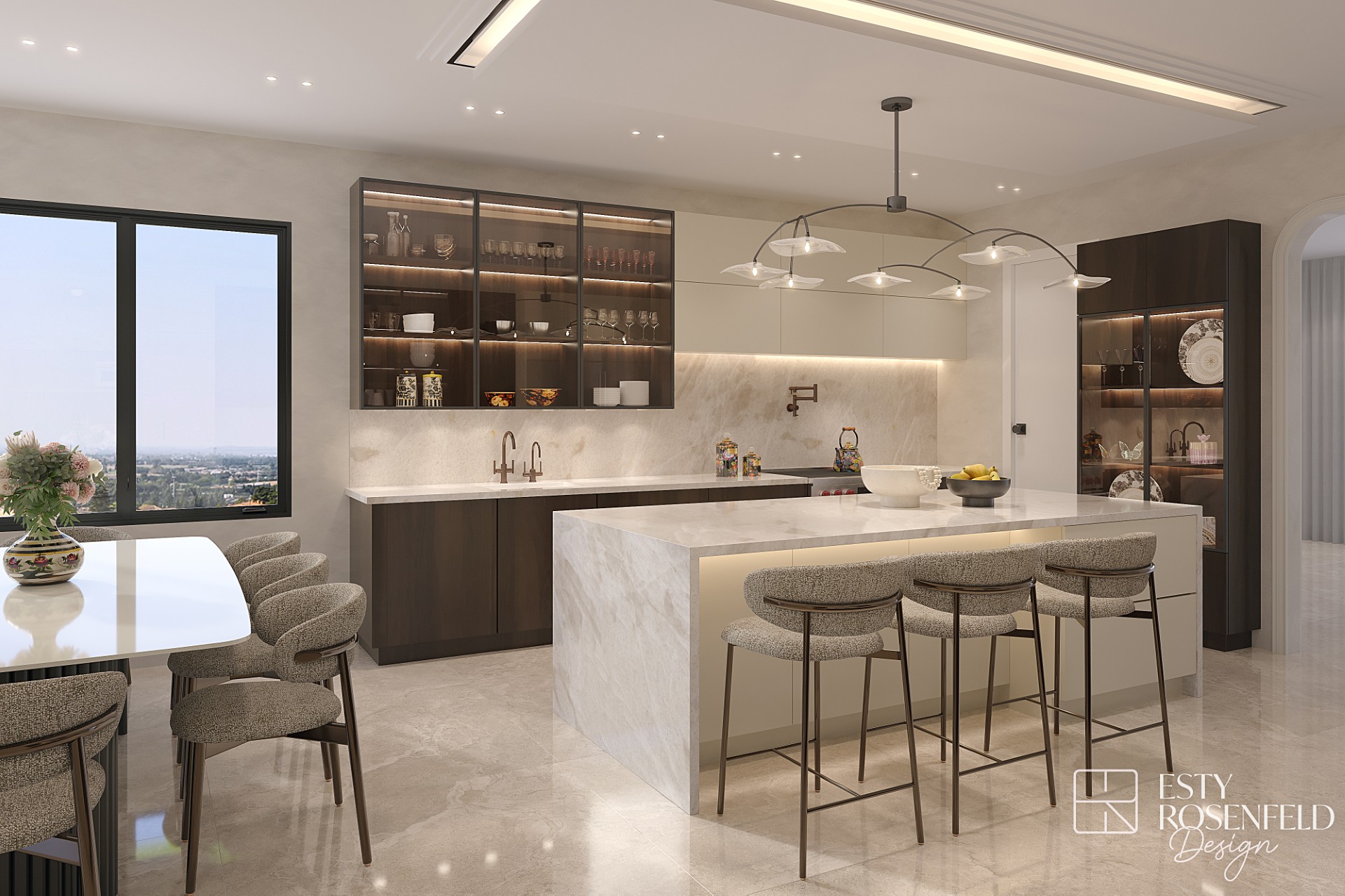 Kitchen rendering with warm wood cabinetry and a large island