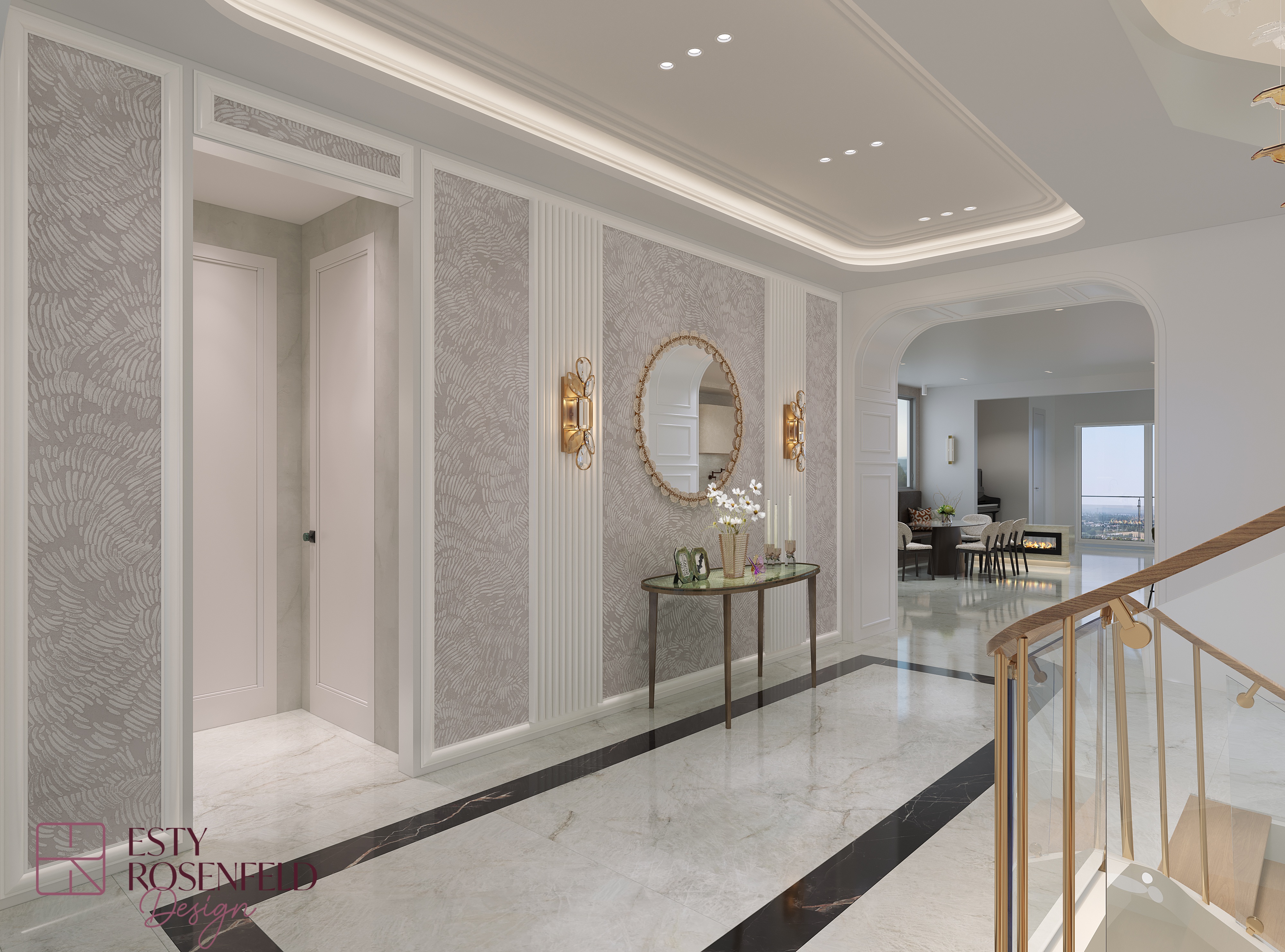 Foyer rendering with a staircase and statement lighting