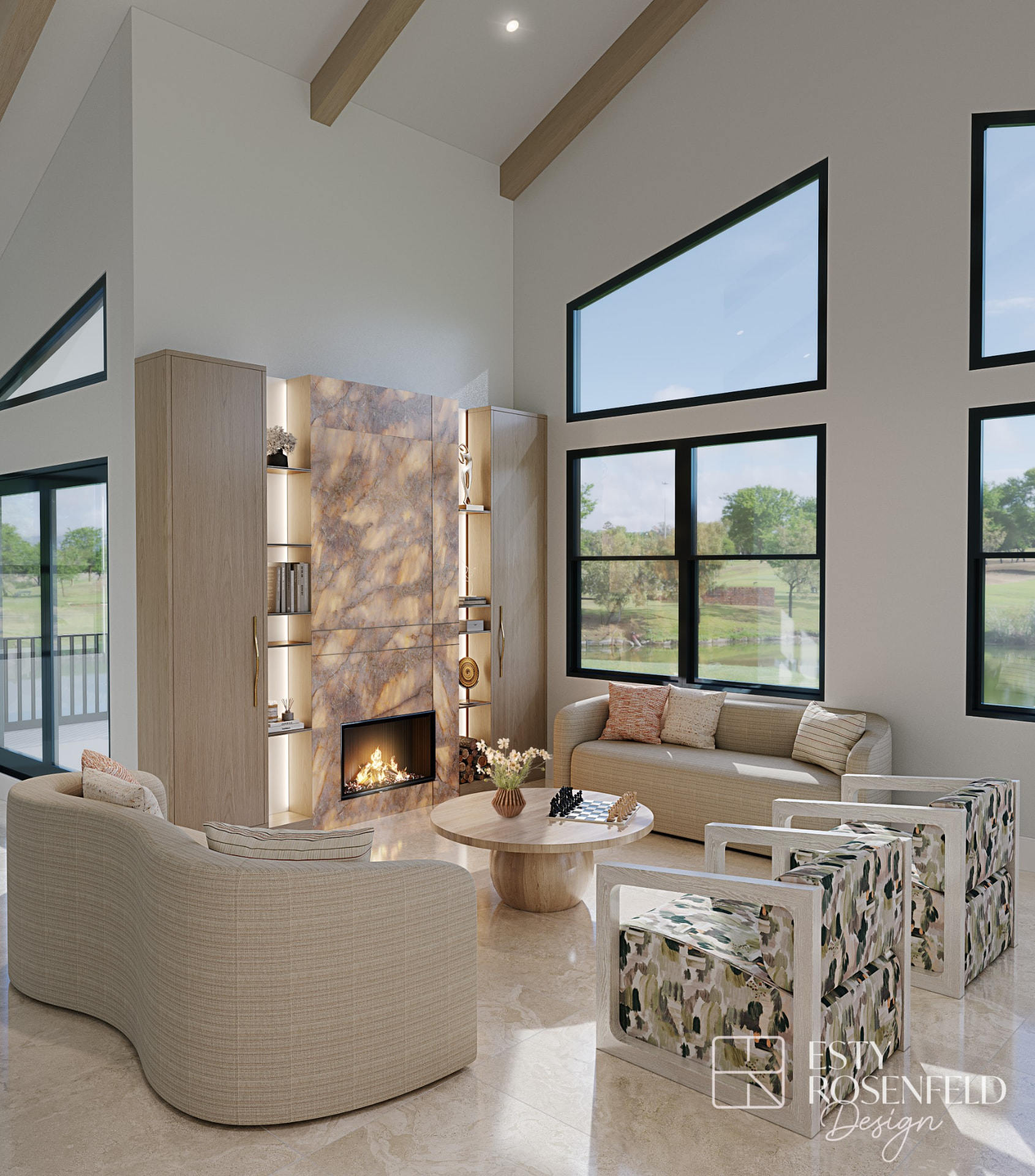 Double-height living and dining rendering with timber ceiling beams and tall windows