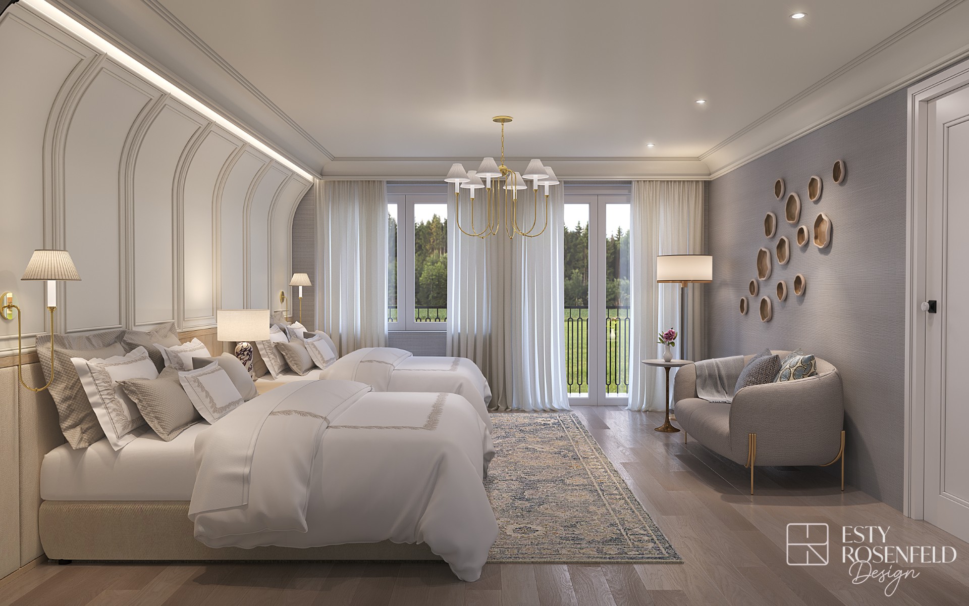 Bedroom rendering with arched wall panelling, brass lighting and layered bedding